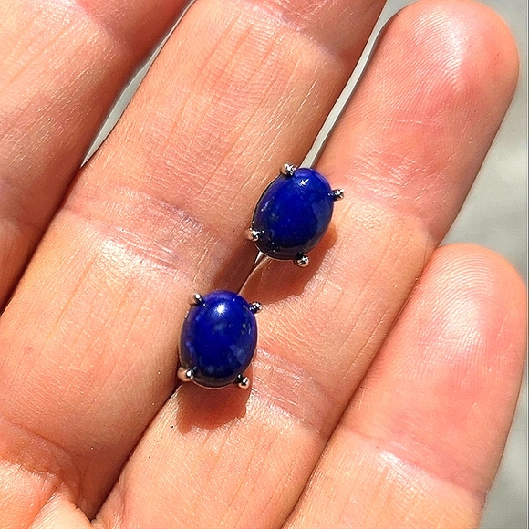 Natural Lapis Lazuli 925 Sterling Silver Stud Earrings - Picture 3 of 10